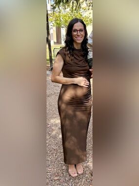 Pinkblush Brown Ruched Sleeveless Midi Dress